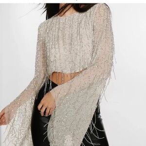 NWT Nasty Gal Flare Sleeve Tassel Sequin Crop Top